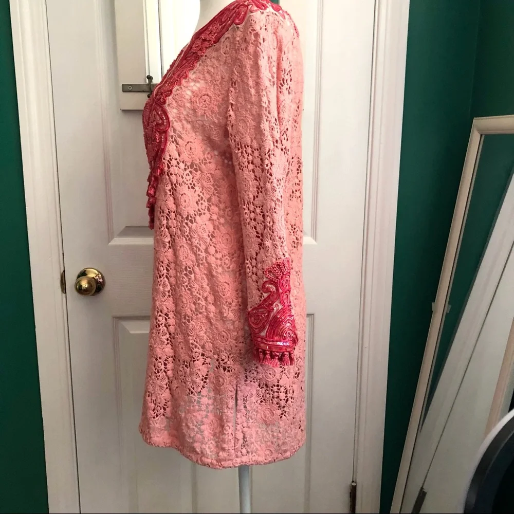 Calypso St. Barth’s tunic dress, peach/coral embroidered sequin & tassels S